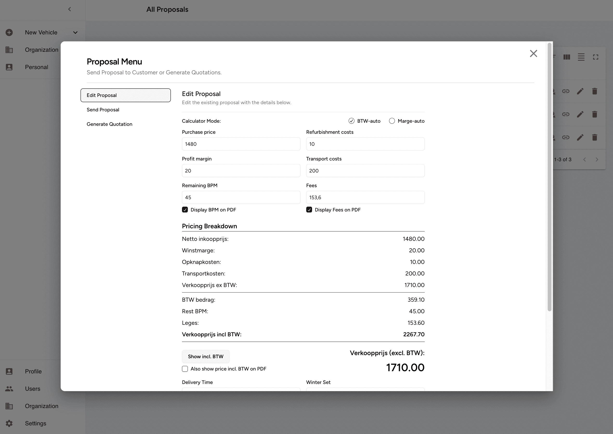 Prijsberekening voor voertuigaanbieding