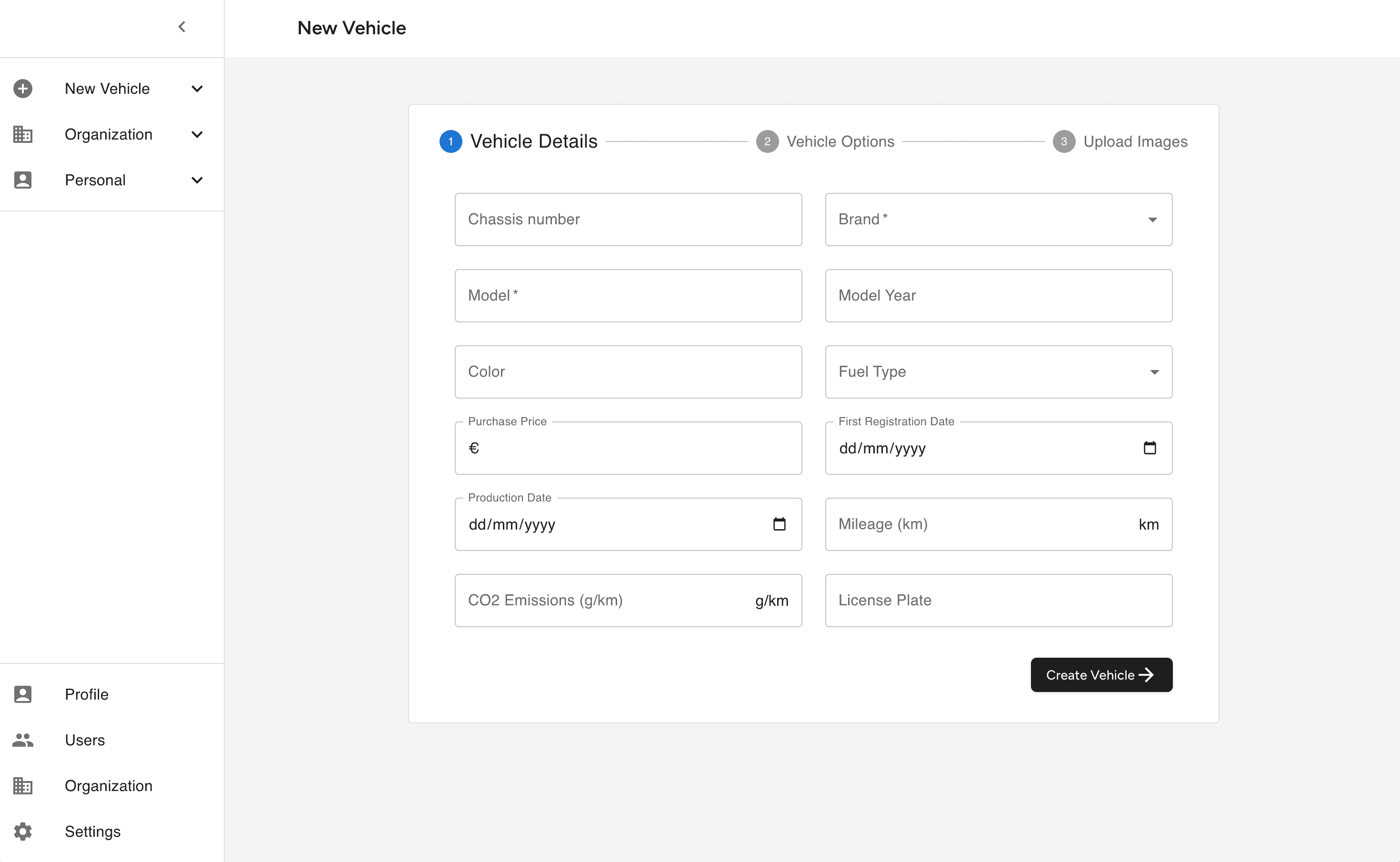 Voertuig invoerformulier